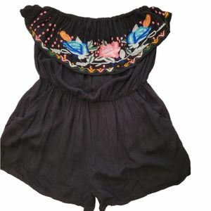 Black Romper With Colorful Floral Embroidery